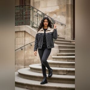 (200) Women's Black Denim Jacket with Sherpa Lining